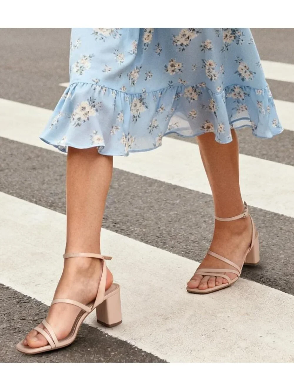 Women's Nude Adjustable Buckle Strap Square Open Toe Chunky Dressy Block Heels